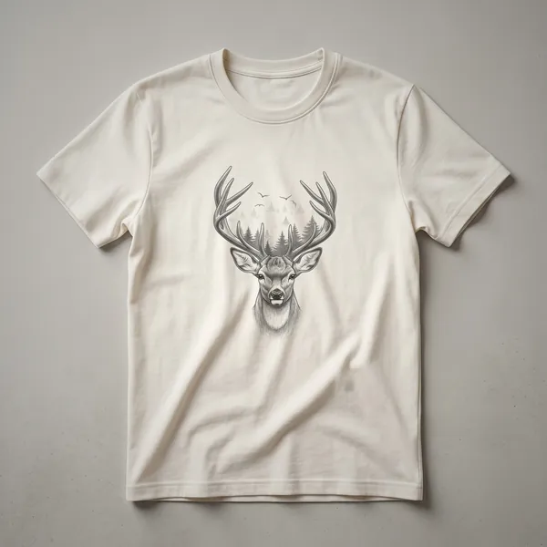 A black t-shirt featuring a vintage line drawing of a whitetail deer's head with large antlers, set against a backdrop of pine trees and flying birds.