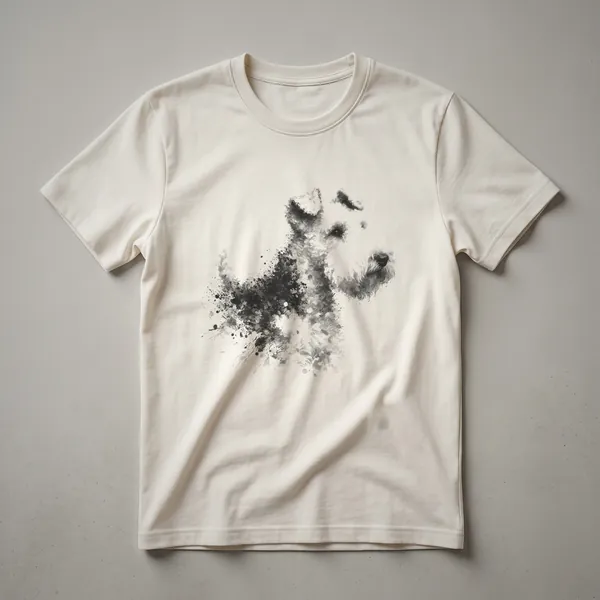 Black t-shirt with an abstract sketch of a Welsh Terrier in white and grey tones, featuring distressed ink splatters around the dog.