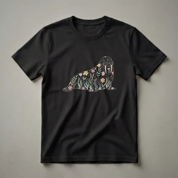 Black t-shirt featuring a stylized walrus illustration filled with colorful flowers and foliage, outlined in white.