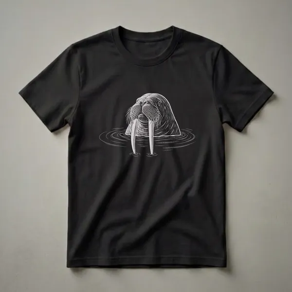 Black t-shirt featuring a vintage white sketch of a walrus head with long tusks emerging from dark water with concentric ripples.