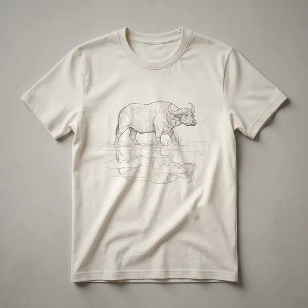 Black line art drawing of a water buffalo drinking water, with its reflection visible below, on a white t-shirt.