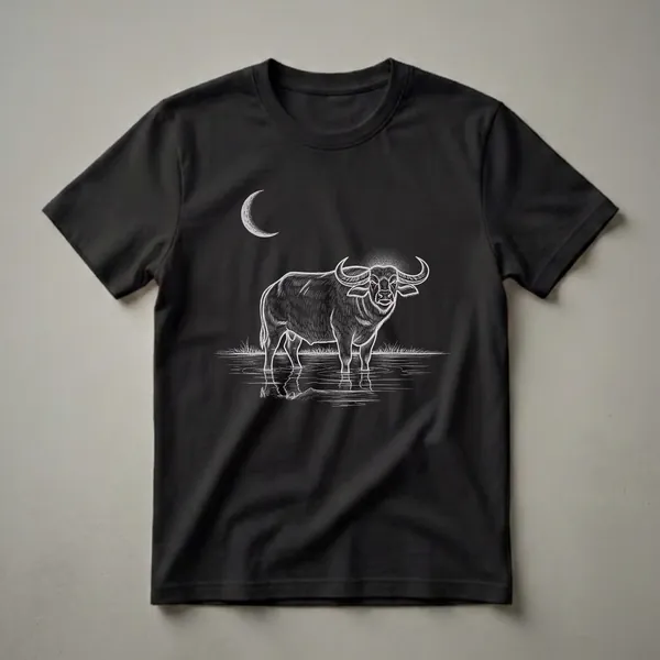 Black t-shirt with a white line drawing of a water buffalo standing in water under a crescent moon, with reflections in the water.