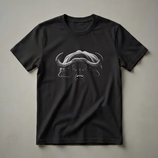 Black t-shirt with a high-contrast black-and-white illustration of an African Cape Buffalo head with massive curved horns, heavy frontal boss, and intense forward-facing eyes.