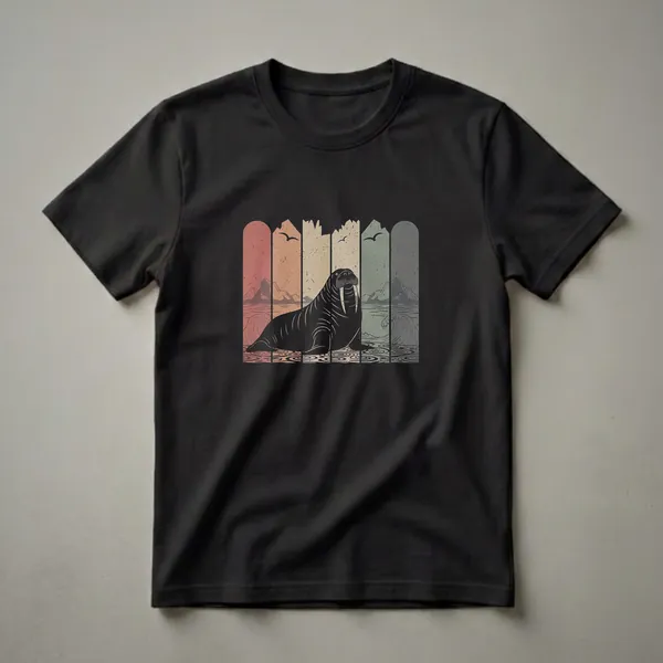 Black t-shirt with a retro graphic of a walrus in a vintage sunset landscape with mountains, waves, and birds.