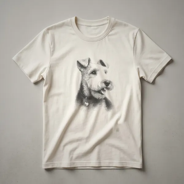 A black t-shirt featuring a vintage line drawing of a Welsh Terrier's face with a heart pendant around its neck.