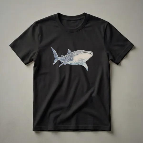 Black t-shirt with a vintage-style drawing of a whale shark in blue and cream, featuring intricate patterns and a detailed depiction of its body and fins.