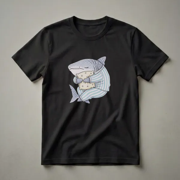 A light-colored t-shirt featuring a cartoon whale shark wearing blue and white striped pajamas and hugging a yellow pillow with stars.