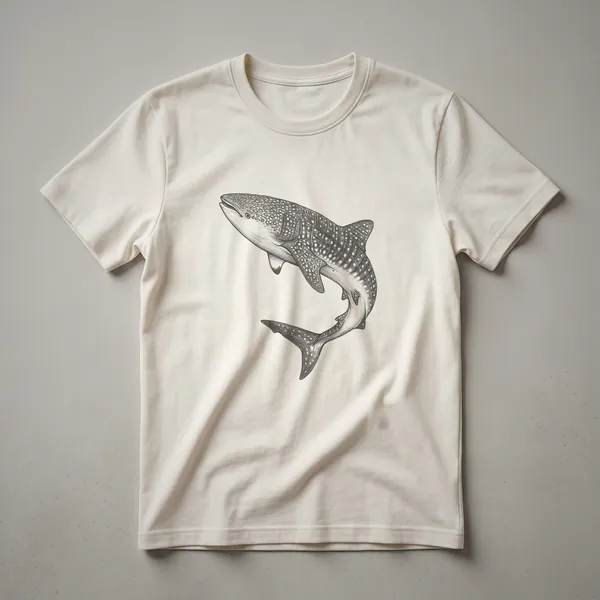 Black line drawing of a whale shark with a spotted pattern on a white t-shirt, suitable for marine life enthusiasts.