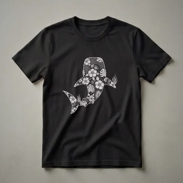 Black t-shirt featuring a white outline of a whale shark filled with a detailed pattern of hibiscus flowers, monstera leaves, and tropical foliage.