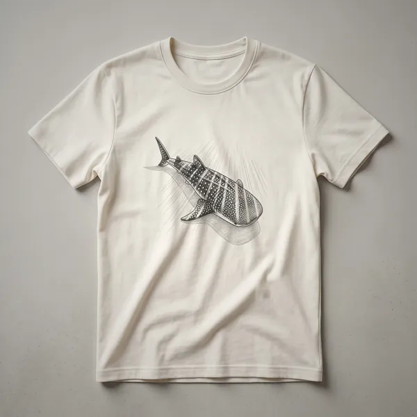 A black and white line drawing of a whale shark, featuring its characteristic spots and fins, presented on a dark garment.