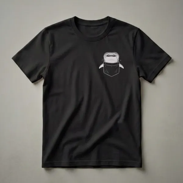 Black t-shirt with a sketch of a whale shark's head and fins peeking out of a faux black pocket, rendered in a vintage drawing style.