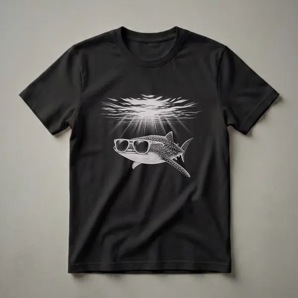 Black t-shirt featuring a detailed black and white drawing of a whale shark wearing white-rimmed sunglasses, swimming in dark water with light rays filtering from above.