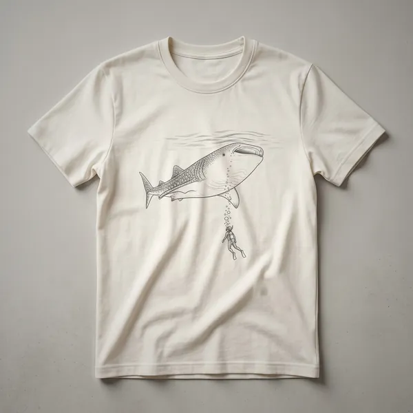 Black and white line drawing on a shirt, showing a large whale shark swimming above a diver with bubbles rising.