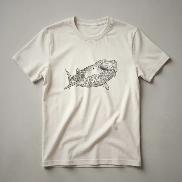 Black and white line drawing of a whale shark with its mouth open, feeding on a school of small fish, on a black t-shirt.