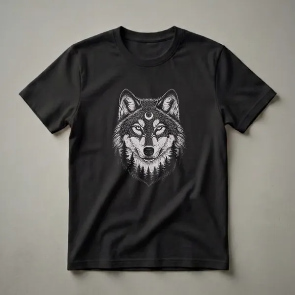 Black graphic t-shirt featuring a detailed drawing of a wolf's face with a forest integrated into its fur and a crescent moon above its forehead.