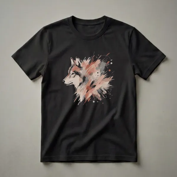 Black t-shirt featuring an abstract watercolor-style drawing of a wolf's head in profile, with splashes of rust, beige, and grey.