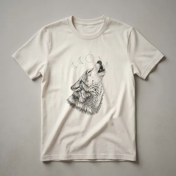 Black graphic t-shirt with a white line drawing of a wolf howling at a crescent moon, with other moon phases visible above.