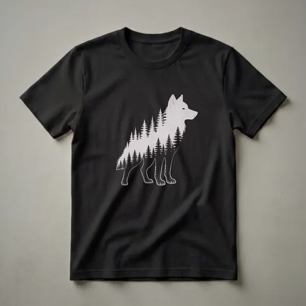 Black t-shirt with a vintage-style light grey drawing of a wolf's profile filled with a dense forest of pine trees.