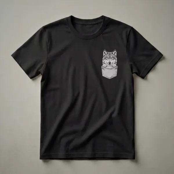 Black graphic t-shirt featuring a detailed black and white drawing of a wolf's head and paws peeking out of a grey pocket.