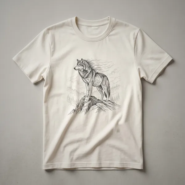 Black line art drawing of a wolf standing on a rocky mountain peak with a forest and mountain background on a dark t-shirt.