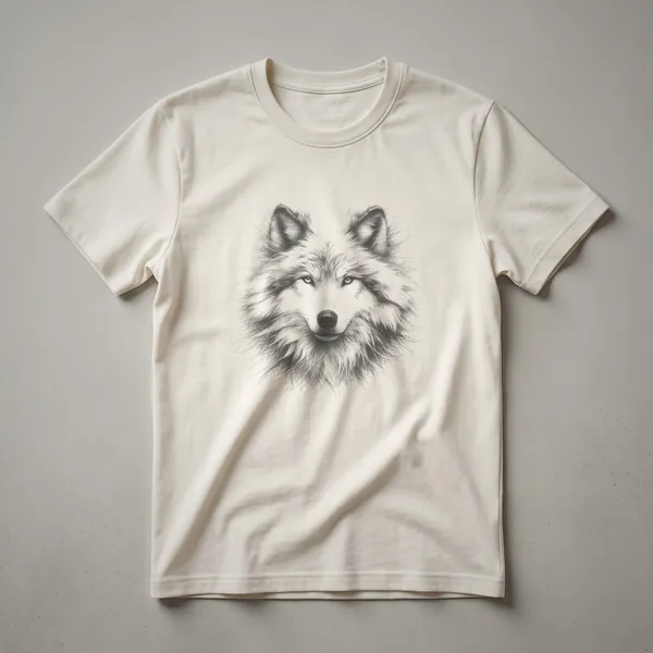 Black t-shirt with a vintage sketch of a wolf's face in white outline and shading, showing detailed fur texture and piercing eyes.