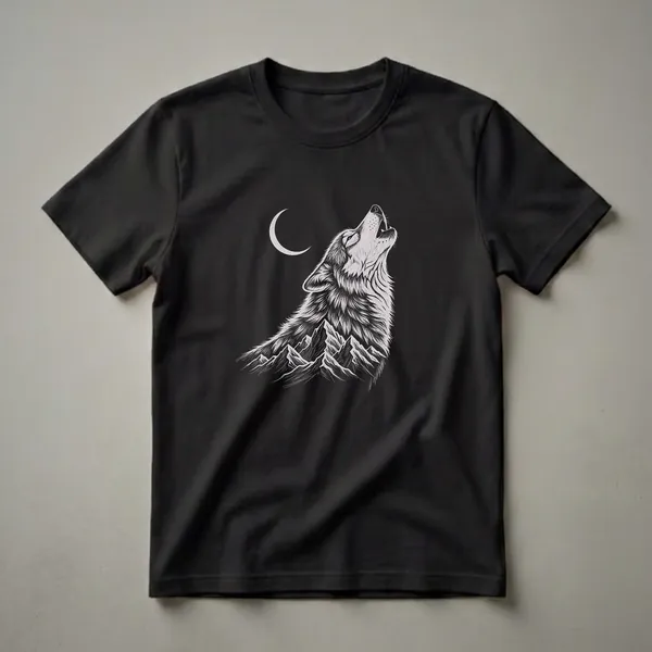Black t-shirt with a vintage sketch design of a wolf howling at a crescent moon, with a mountain range integrated into the wolf's fur.