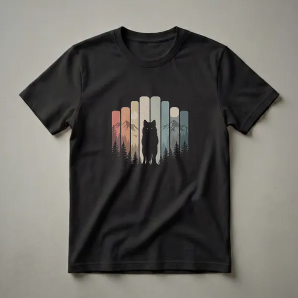 Black graphic t-shirt featuring a retro wolf silhouette in a vintage landscape with mountains, pine trees, and a moon, set against colorful vertical stripes.