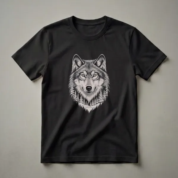Black graphic t-shirt featuring a detailed black and white drawing of a wolf's head with a winter forest scene integrated into its fur and lower face.