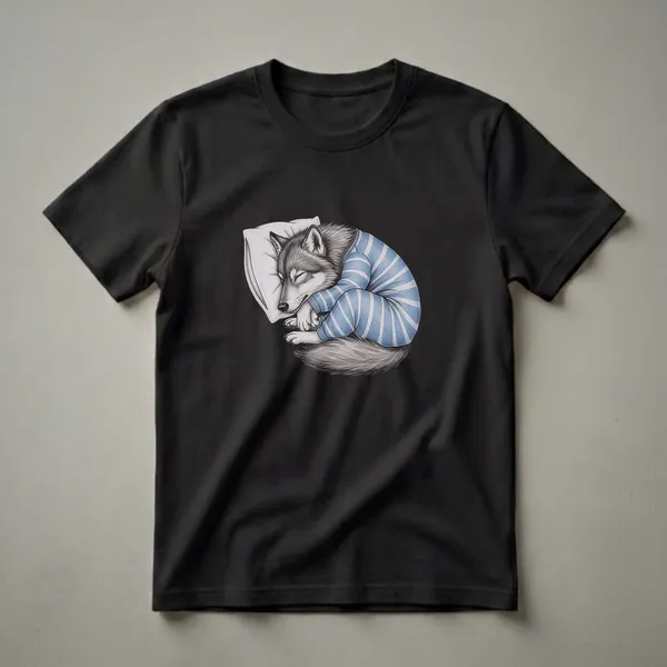 A graphic t-shirt featuring a drawing of a grey wolf sleeping on a white pillow while wearing blue and white striped pajamas.