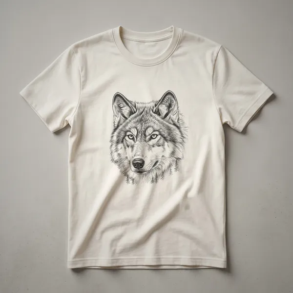 Black and white line drawing of a wolf's face, showing its eyes, nose, and fur texture, against a black background.