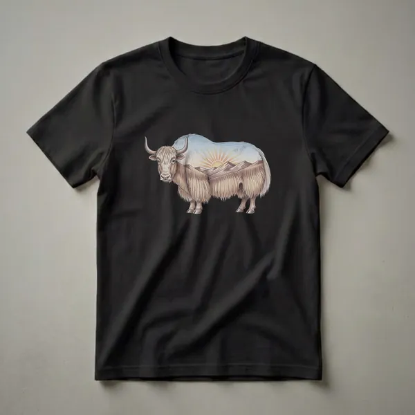 A graphic t-shirt featuring a colored pencil drawing of a yak with a mountain sunset scene integrated into its body, against a black background.