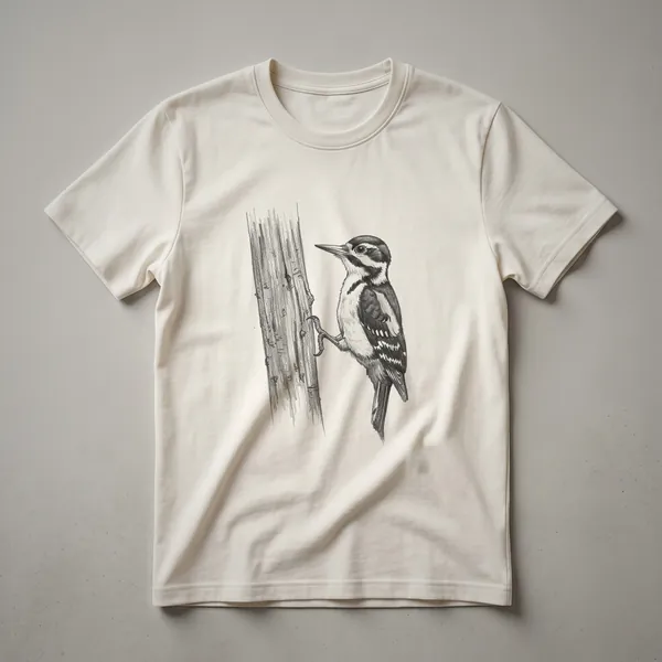 A black and white line drawing of a woodpecker perched on a tree trunk, depicted on a dark t-shirt.