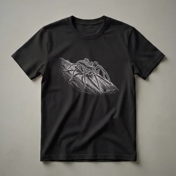 Black t-shirt with a white line drawing of a wolf spider on a textured surface, showcasing its eight legs and multiple eyes.
