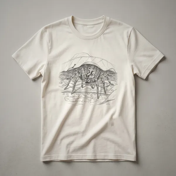 A black t-shirt featuring a detailed white line drawing of a wolf spider with its legs spread, set against a textured background.