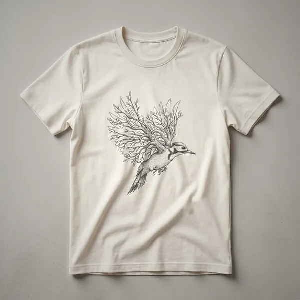 Black line drawing on a white t-shirt depicting a woodpecker in flight with its wings merging into tree branches and leaves.