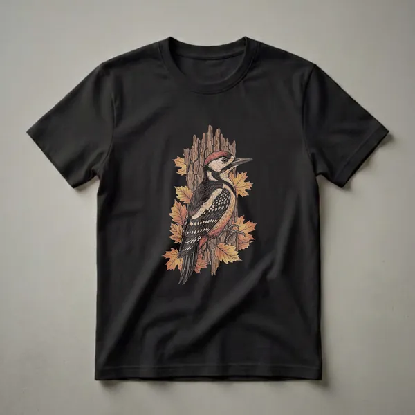 Black t-shirt featuring a vintage drawing of a Great Spotted Woodpecker perched on a tree trunk, surrounded by autumn oak leaves in shades of orange and yellow.