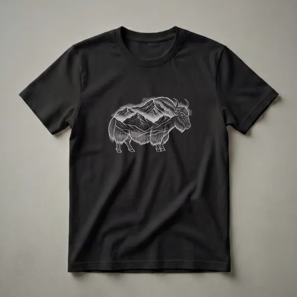 Black t-shirt featuring a white line drawing of a yak with a mountain range integrated into its body and background.