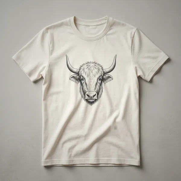 Black and white line drawing of a yak's head with prominent horns and shaggy fur, printed on a t-shirt.
