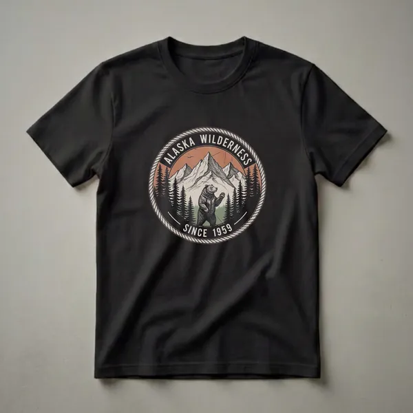 Black graphic t-shirt with a circular design featuring a vintage drawing of a standing bear, snow-capped mountains, pine trees, and the text 'Alaska Wilderness Since 1959'.