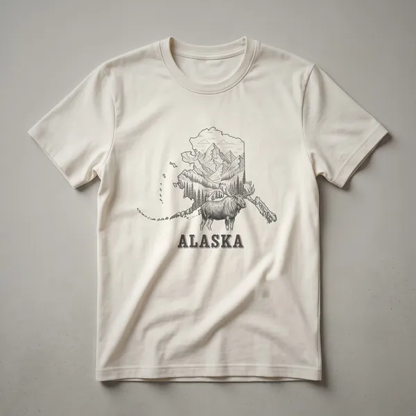 Black graphic t-shirt featuring a line art drawing of the Alaska state map filled with mountains, pine trees, and a moose, with the word ALASKA below.