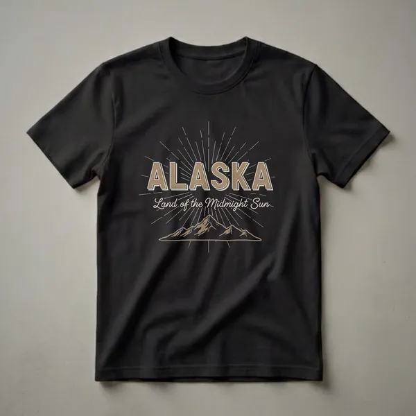 Black t-shirt with 'ALASKA Land of the Midnight Sun' text and a stylized mountain range graphic with sunburst lines.