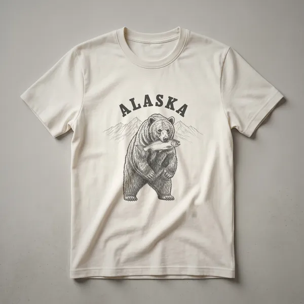 Black line art graphic t-shirt featuring a grizzly bear holding a salmon, with mountains and the word 'ALASKA' in the background.