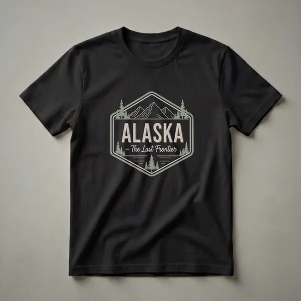 Black t-shirt with a hexagonal graphic featuring the word ALASKA and 'The Last Frontier' text, surrounded by mountain and pine tree illustrations in muted green and beige tones.