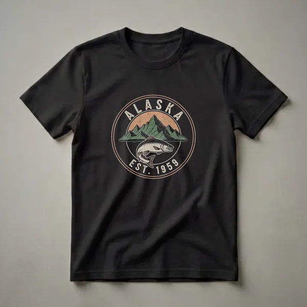 Black t-shirt featuring a circular emblem with a leaping salmon, green mountains, and the text 'ALASKA EST. 1959' in a vintage style.