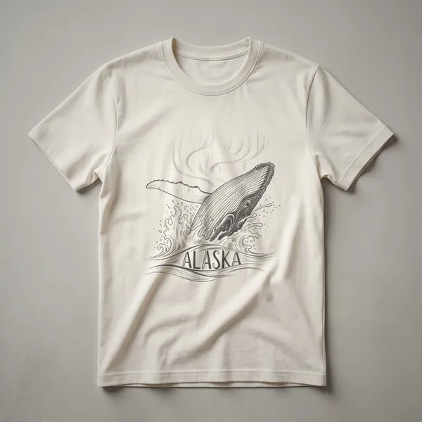 Black and white graphic t-shirt featuring a vintage pencil sketch of a humpback whale breaching in ocean waves, with the word ALASKA below.
