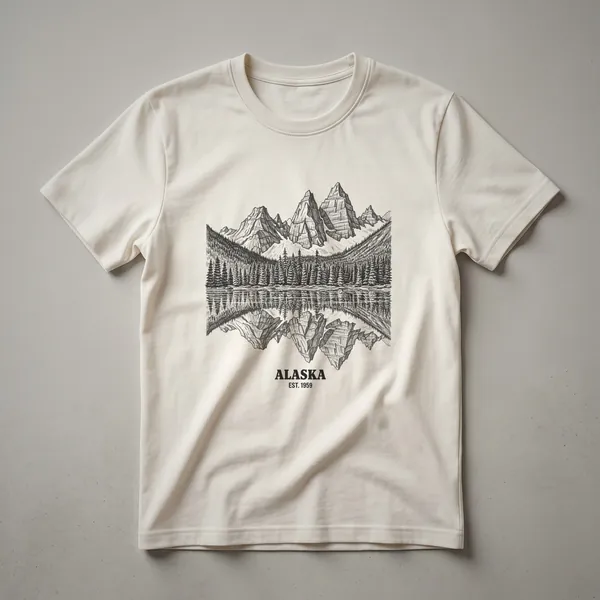 Black t-shirt with a vintage line art design of Alaskan mountains reflected in a lake, with pine trees and 'ALASKA EST. 1959' text.