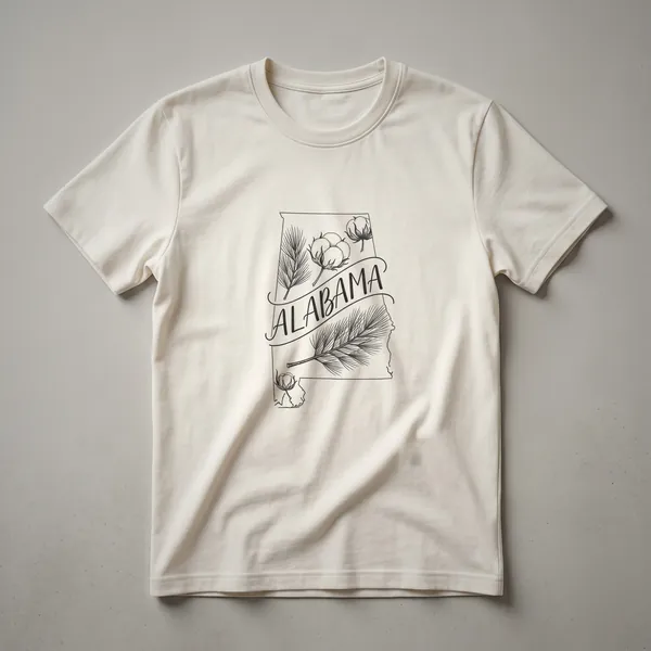 Line art drawing of the state of Alabama filled with pine branches and cotton bolls, with the word ALABAMA scripted on a banner. This graphic t-shirt design is on a black background.