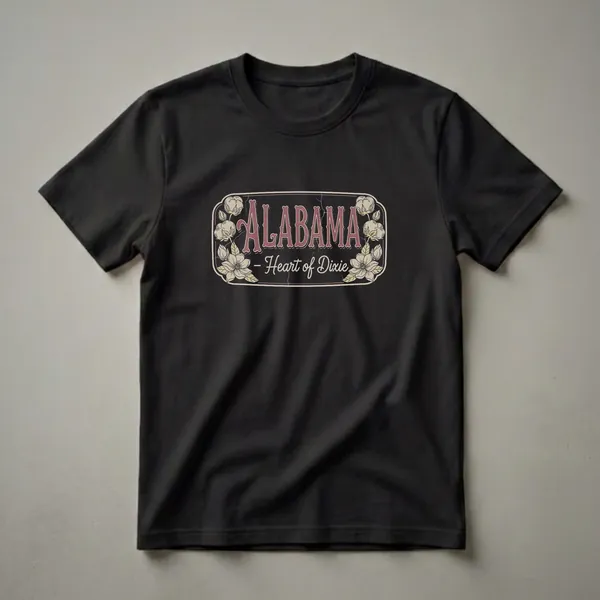 Black t-shirt featuring a vintage-style graphic with "ALABAMA - Heart of Dixie" text, surrounded by illustrations of cotton bolls and magnolia flowers.