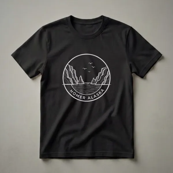 Black t-shirt featuring a vintage white sketch art design of a coastal landscape in Homer, Alaska, with rocky cliffs, water, and flying birds within a circular emblem.