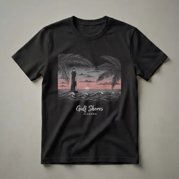 Black graphic t-shirt featuring a retro drawing of a lighthouse on the coast of Gulf Shores, Alabama at sunset, with palm fronds and ocean waves.
